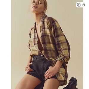 FREE PEOPLE We The Free Daydream Spring Plaid Button Down Shirt Buttercup XS